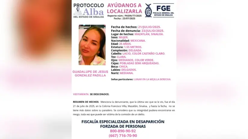 Cuatro mujeres jóvenes desaparecen en Mazatlán el pasado lunes 21 de julio Ficha de búsqueda de Guadalupe de Jesús González Padilla. Foto: FGR