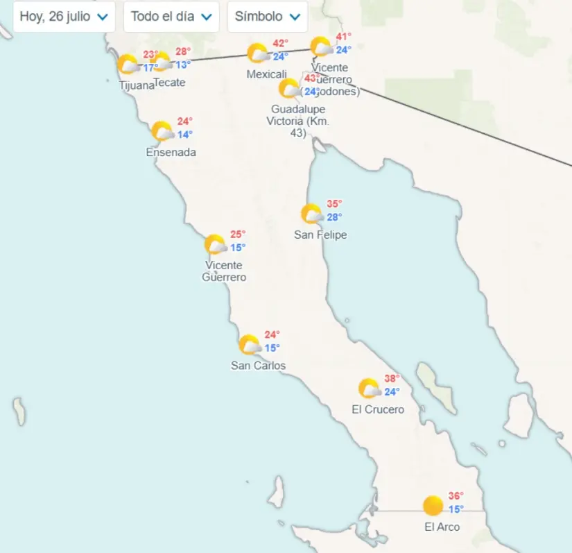 Clima en Baja California hoy 26 de julio 2025 Temperaturas estimadas en los municipios de Baja California hoy. Imagen: Meteored