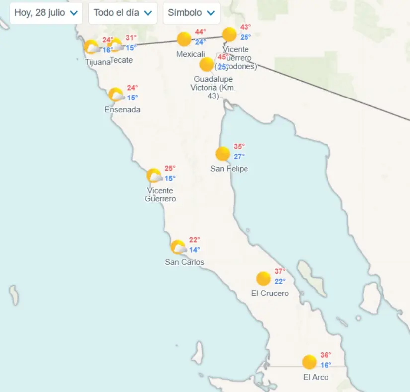 Clima en Baja California hoy lunes 28 de julio Temperaturas por municipios en Baja California hoy. Imagen: Meteored