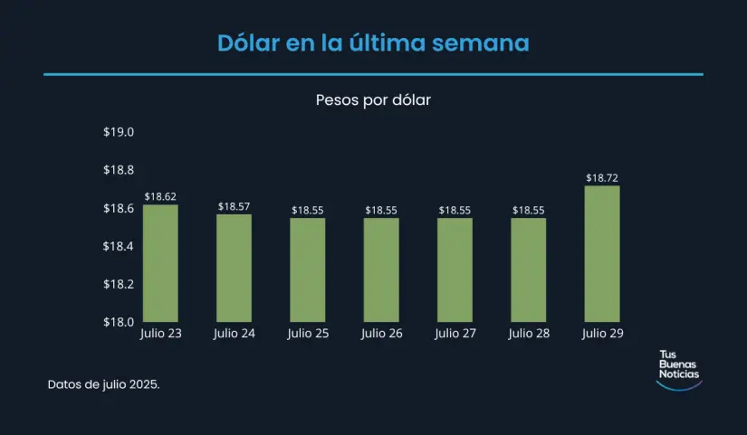 Precio del dólar hoy 29 de julio de 2025 Precio del dólar en la última semana de acuerdo al DOF. Foto: TBN