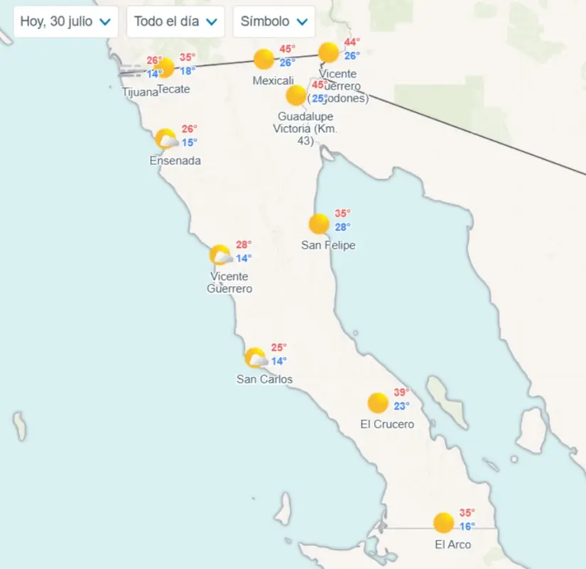 Clima en Baja California hoy 30 de julio Temperaturas estimadas en Baja California hoy. Imagen: Meteored