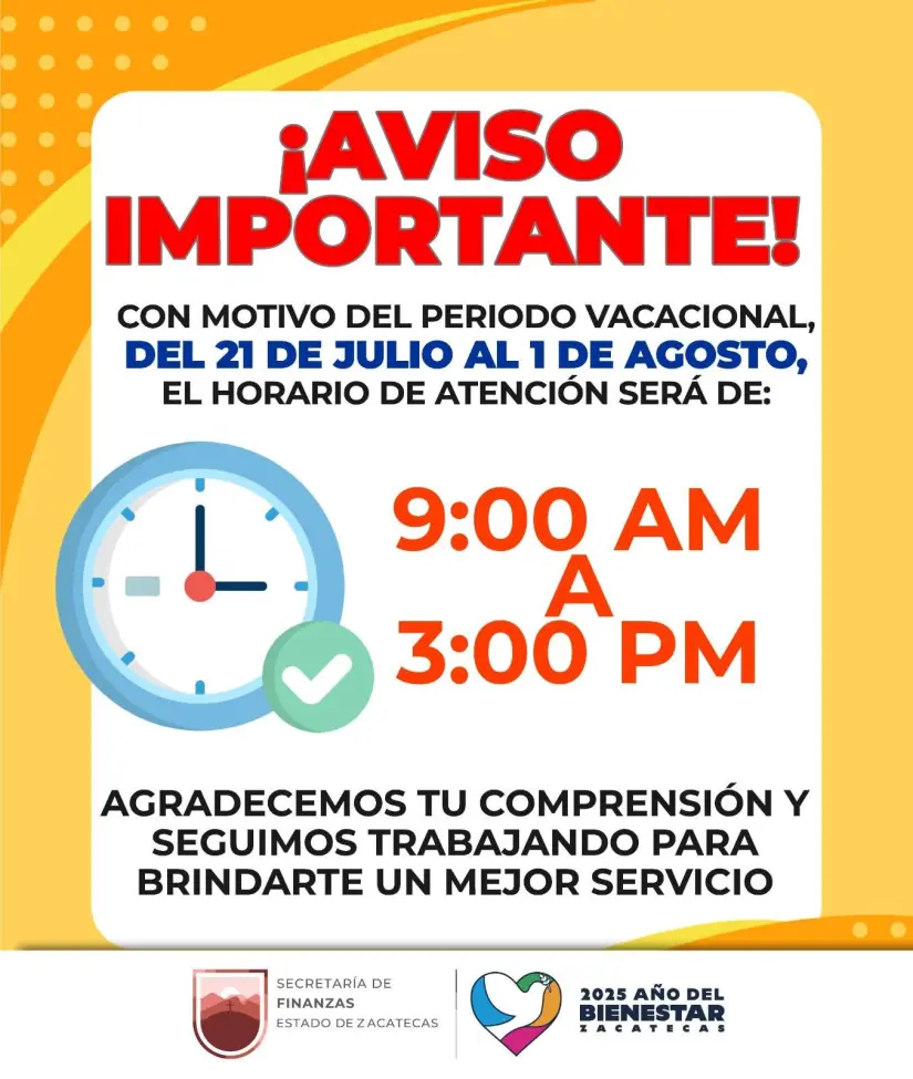 Horarios de las Oficinas de Recaudación de rentas Zacatecas por periodo vacacional Los horarios de las Oficinas de Recaudación de rentas Zacatecas por periodo vacacional. Foto: Cortesía