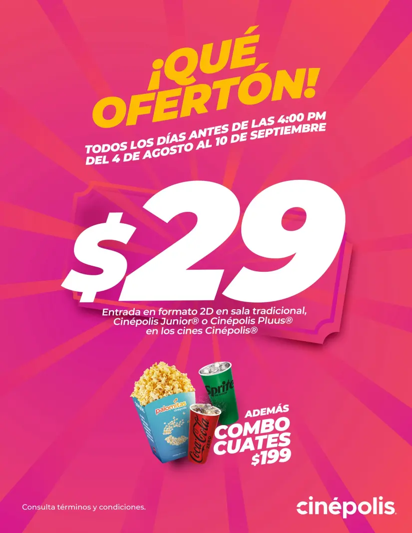 Boletos en 29 pesos en CInépolis  a partir del 4 de agosto. Foto: Cortesía