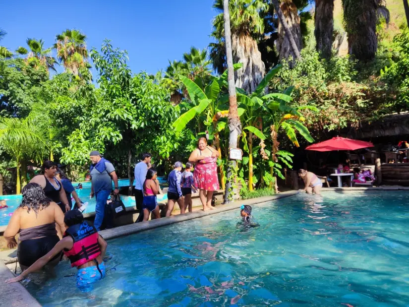 Personas disfrutan de las albercas en Ojo de Agua Oasis San Bartolo