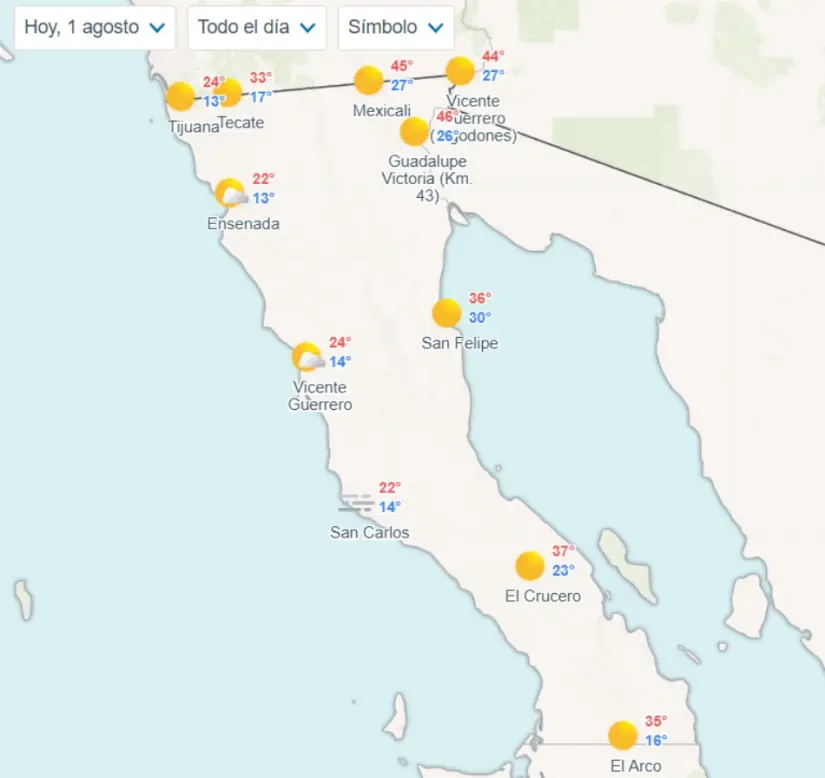Clima en Baja California hoy viernes 1 de agosto de 2025 Temperaturas mínimas y máximas en los municipios de Baja California hoy. Imagen: Meteored