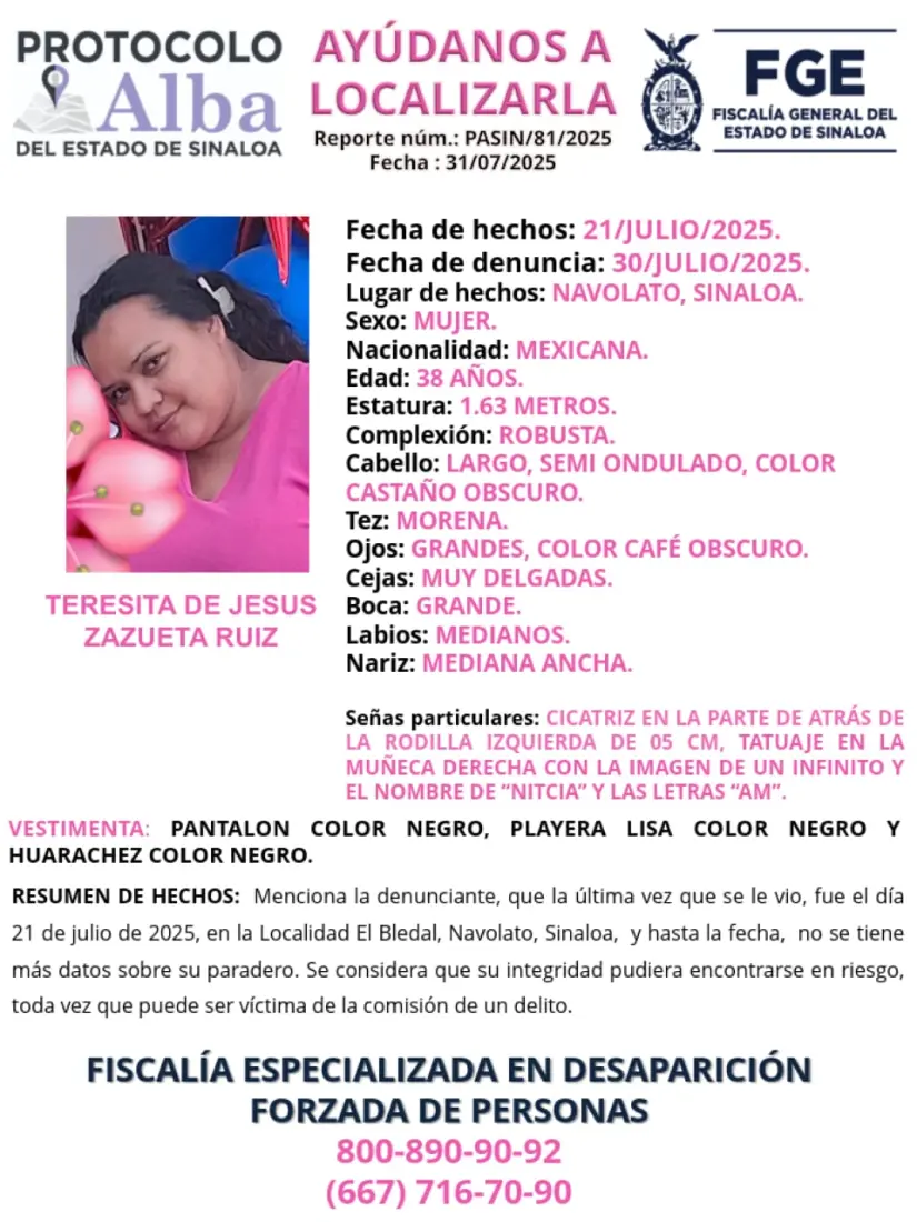 Alerta Amber Sinaloa, Buscan a Teresita Ruíz y Karen López Ficha de búsqueda de Teresita Ruíz. Foto: FGE