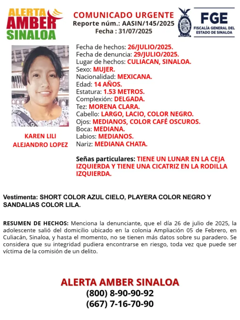 Alerta Amber Sinaloa, Buscan a Teresita Ruíz y Karen López Ficha de búsqueda de Karen López. Foto: FGE