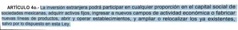 Artículo 4 de la Ley de Inversión Extranjera. Imagen. Mañanera del Pueblo.