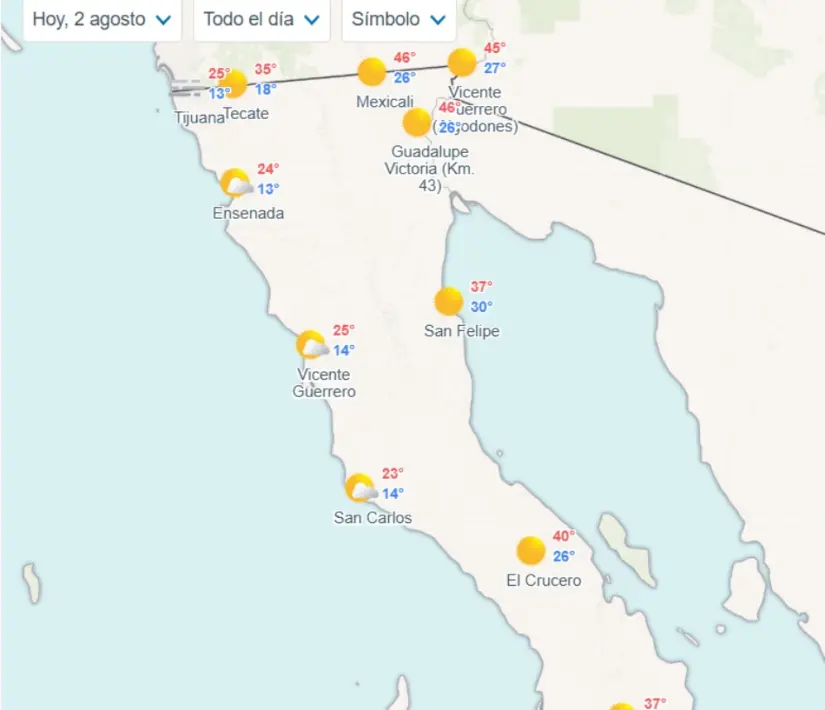 Clima en Baja California hoy sábado 2 de agosto El clima en Baja California para este sábado. Imagen: Meteored
