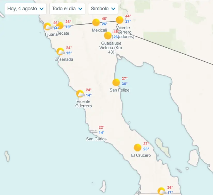 Temperaturas en los municipios de Baja California. Imagen: Meteored