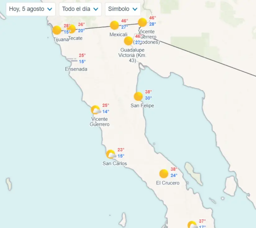 Clima en Baja California hoy martes 5 de agosto 2025 Temperaturas en municipios de Baja California hoy. Imagen: Meteored