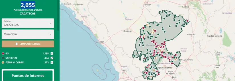 ¿Dónde se encuentra el Internet gratis de la CFE? Mapa con puntos de acceso en Zacatecas. Foto: Captura de pantalla