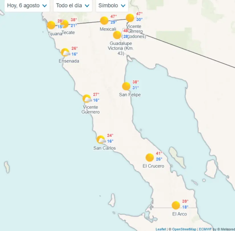 Temperaturas en los municipios de Baja California hoy. Imagen: Meteored