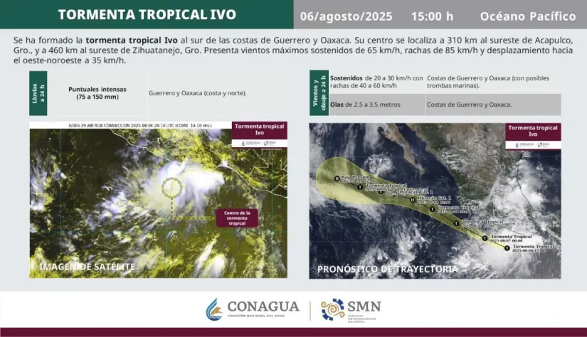 Tormenta tropical Ivo se forma cerca de México La tormenta Ivo se formó al sur de las costas de Oaxaca y Guerrero. Imagen: Conagua