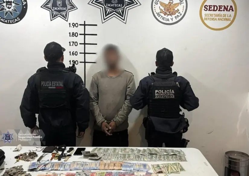 Capturan a hombre en Zacatecas con más de 160 mil pesos y droga. Foto: Cortesía