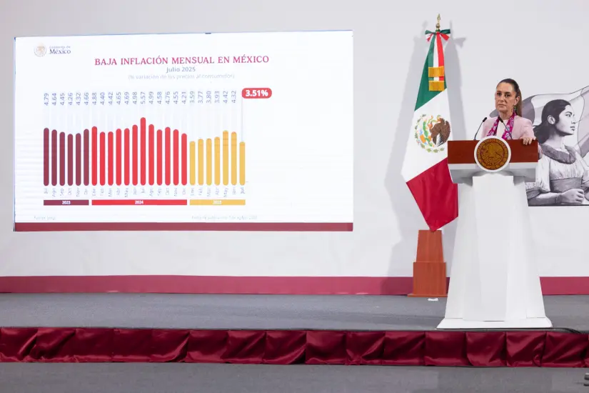 Claudia Sheinbaum, durante la mañanera de este jueves 7 de agosto.
