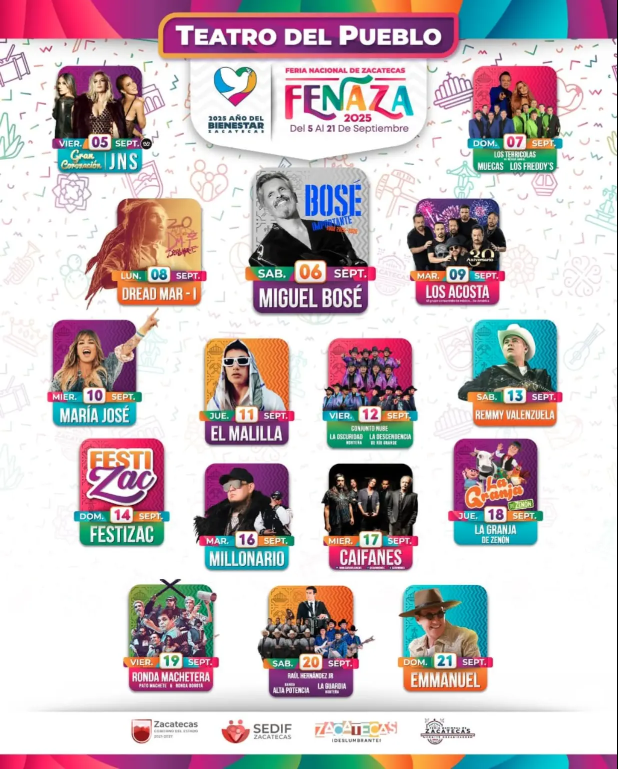 Cartelera de los artistas que se presentarán en FENAZA 2025. Foto: cortesía Cartelera de los artistas que se presentarán en FENAZA 2025. Foto: Cortesía.