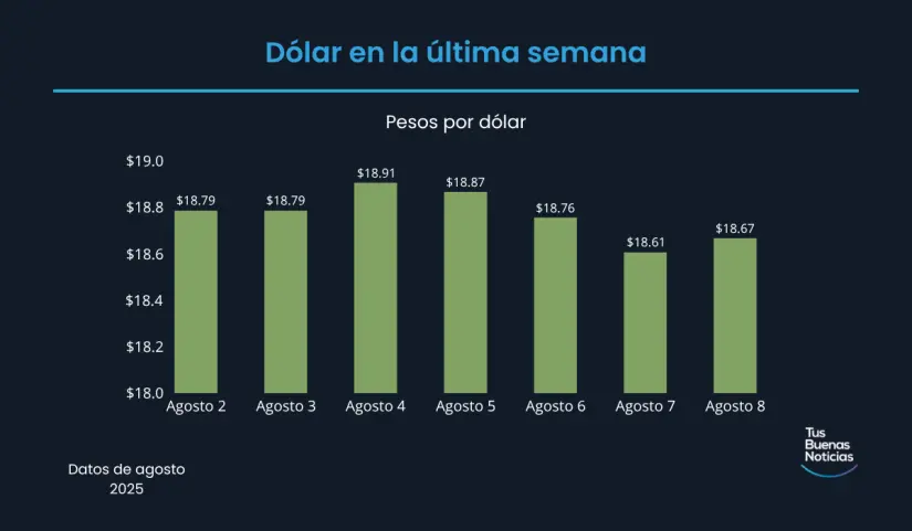 Precio del dólar hoy 8 de agosto de 2025 Precio del dólar en la última semana de acuerdo al DOF. Foto: TBN