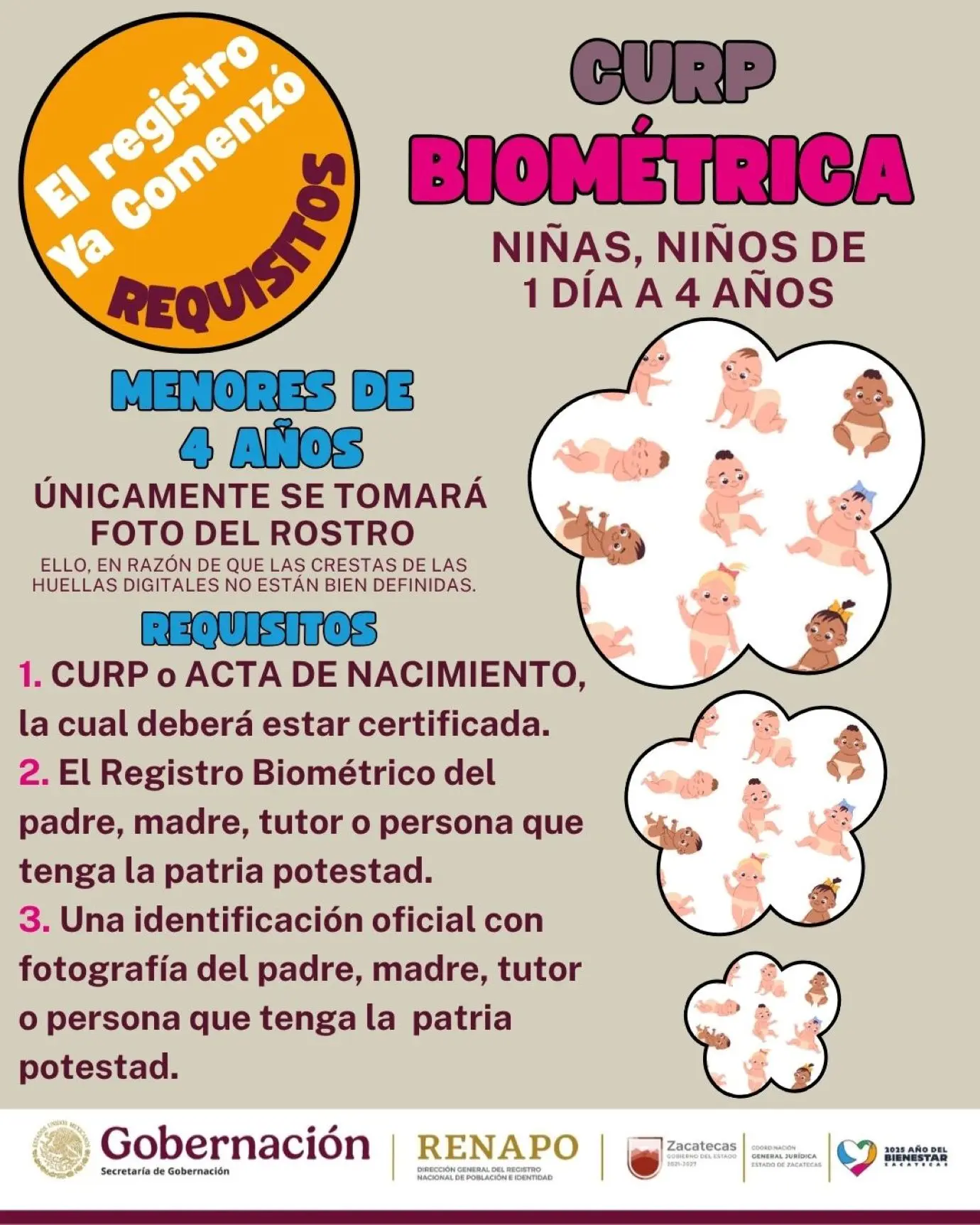 Requisitos para la CUR Biomettica para niños de 1 a 4 años en Zacatecas. Foto: Cortesía