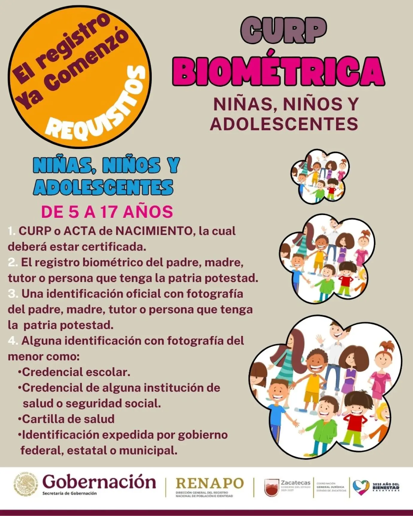 Requisitos para la CURP Biométrica para niños de 5 y jóvenes hasta los 17 años en Zacatecas. Foto: Cortesía