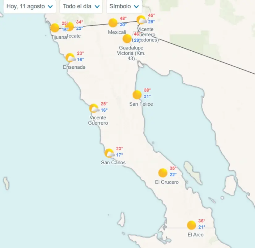 Temperaturas mínimas y máximas en los municipios de Baja California. Imagen: Meteored