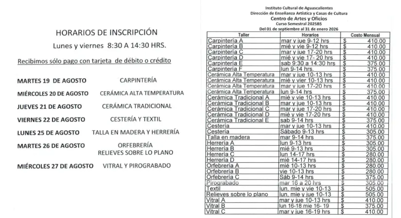 Inscripción para cursos y talleres del Centro de Artes y Oficios de Aguascalientes. Foto: Cortesía.