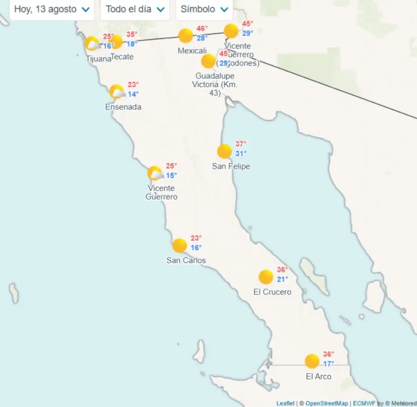 Mexicali espera temperaturas mayores a 45 grados hoy. Imagen: Meteored