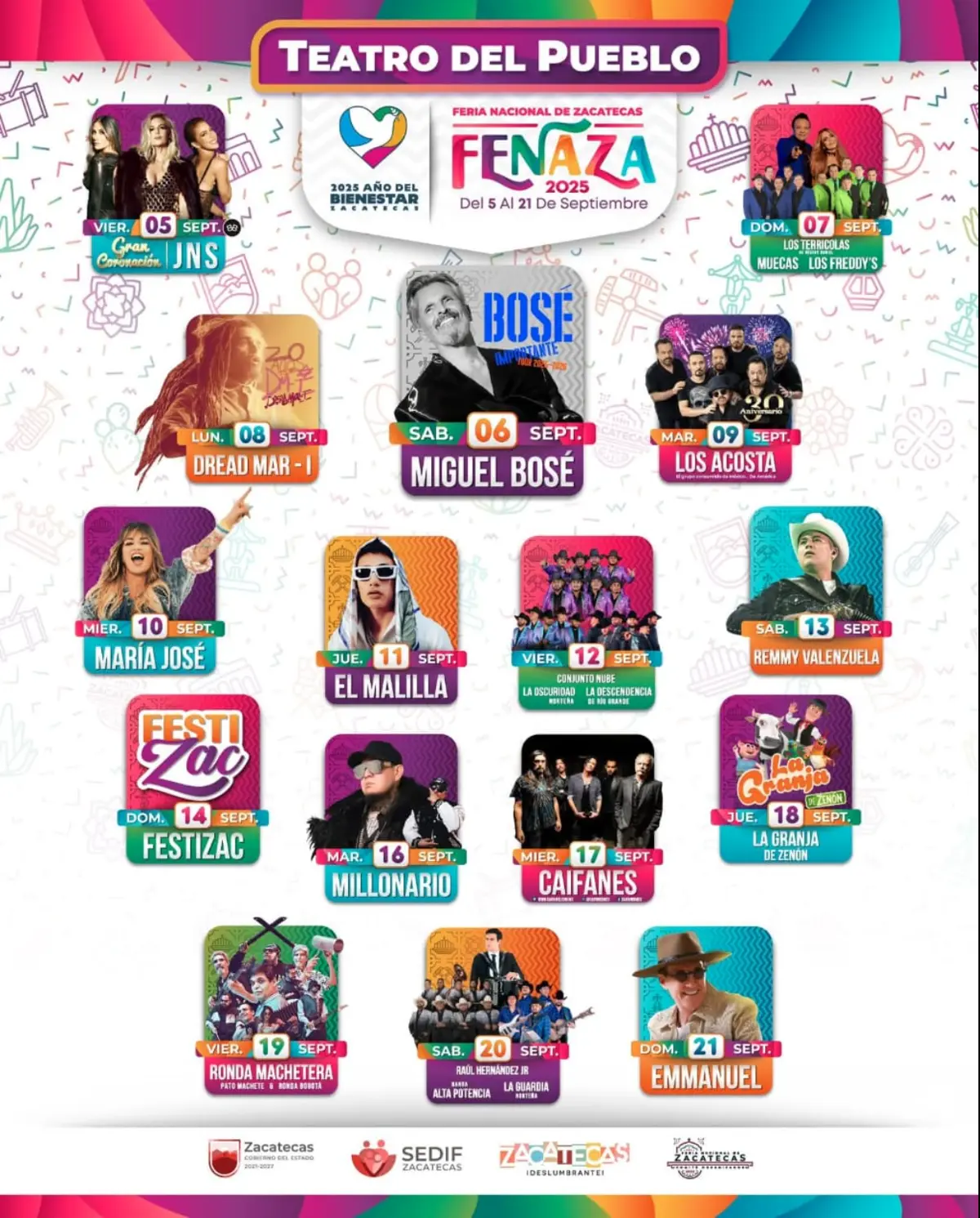 Cartelera de los artistas que se presentarán en FENAZA 2025. Foto: Cortesía