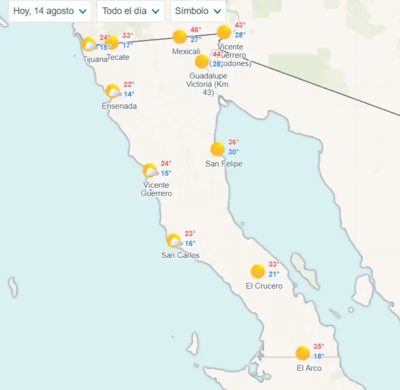 Temperaturas por municipios en Baja California hoy. Imagen: Meteored