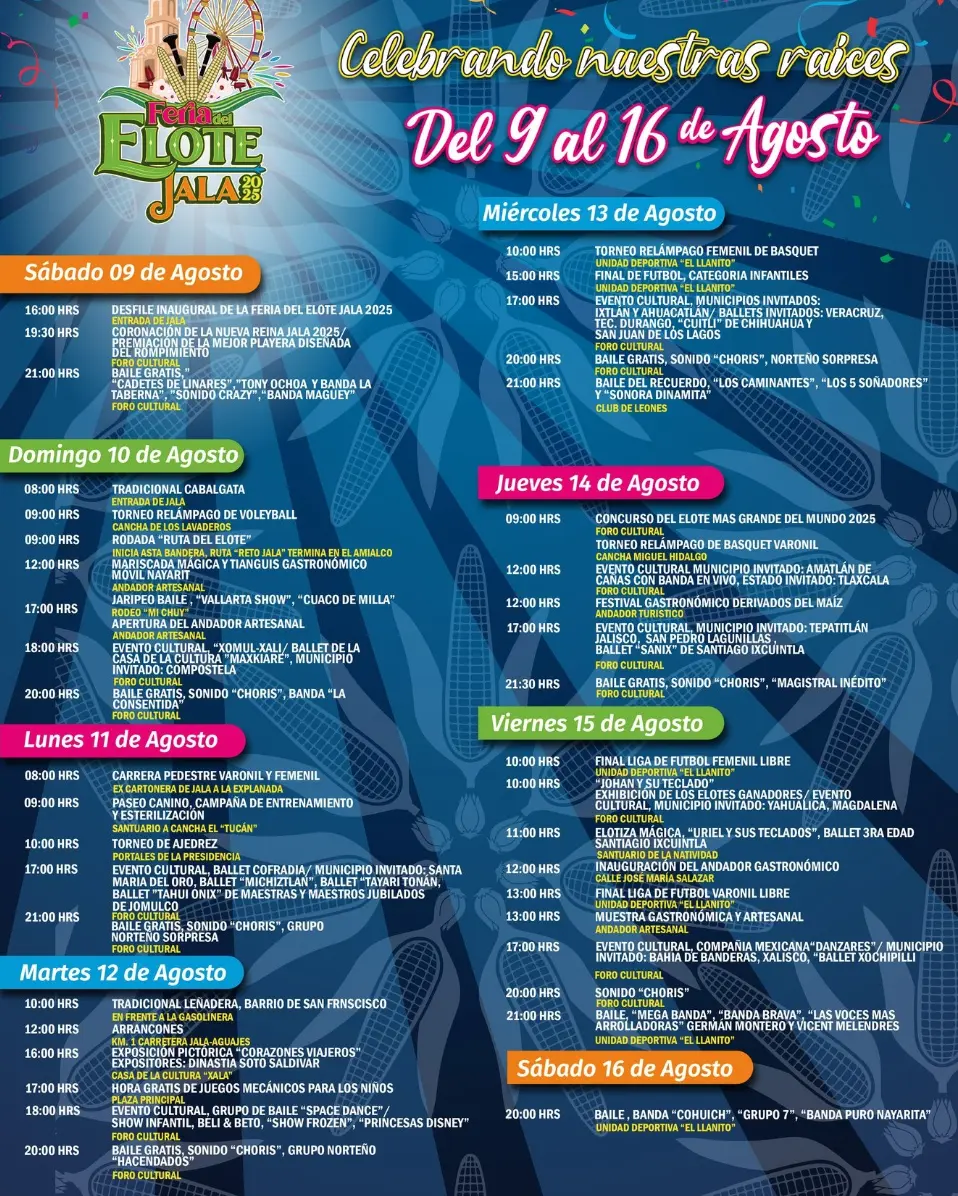 Cartelera de actividades de la Feria del Elote Jala 2025. Foto: Cortesía.