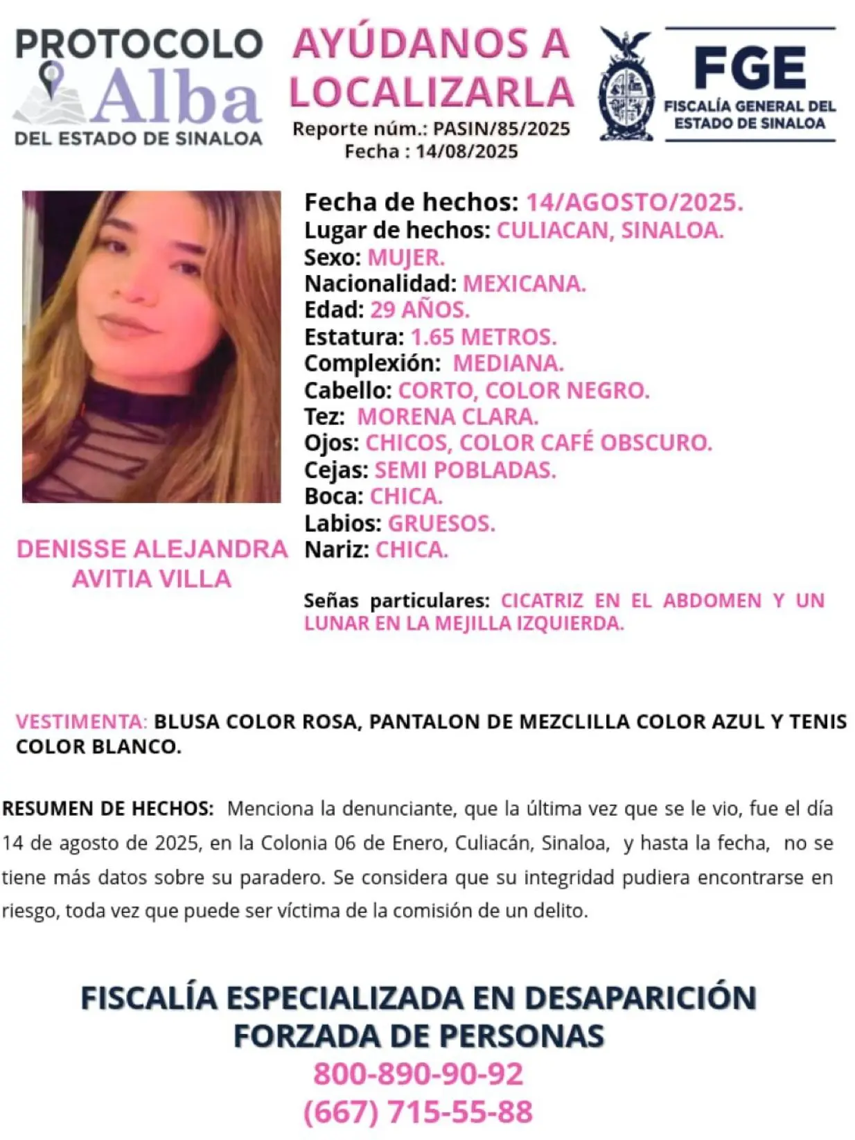 Dennise Alejandra Avita desaparecida en Culiacán. Foto: Cortesía