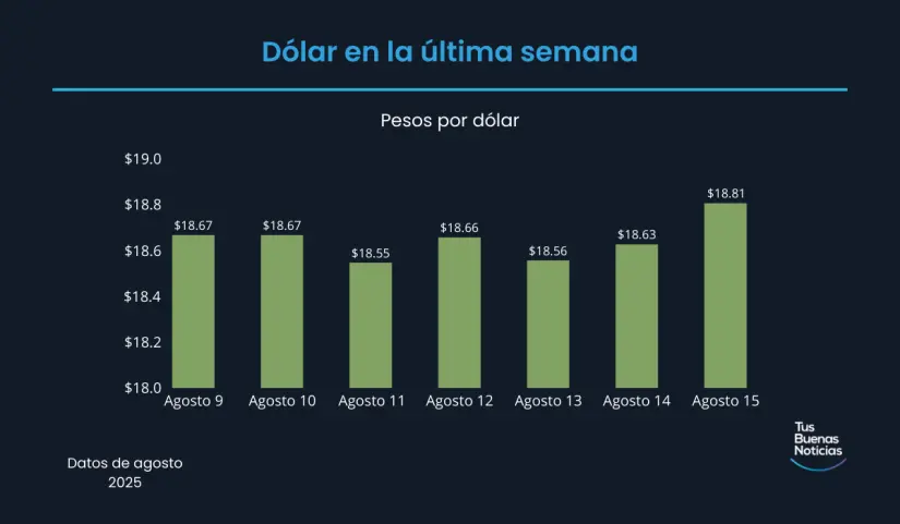 Precio del dólar hoy 15 de agosto de 2025 Precio del dólar en la última semana de acuerdo al DOF. Foto: TBN