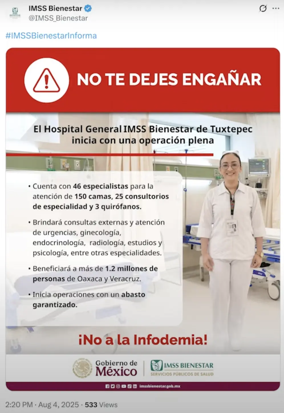 Tweet por parte de IMSS Bienestar aclarando. Imagen. Mañanera del Pueblo.