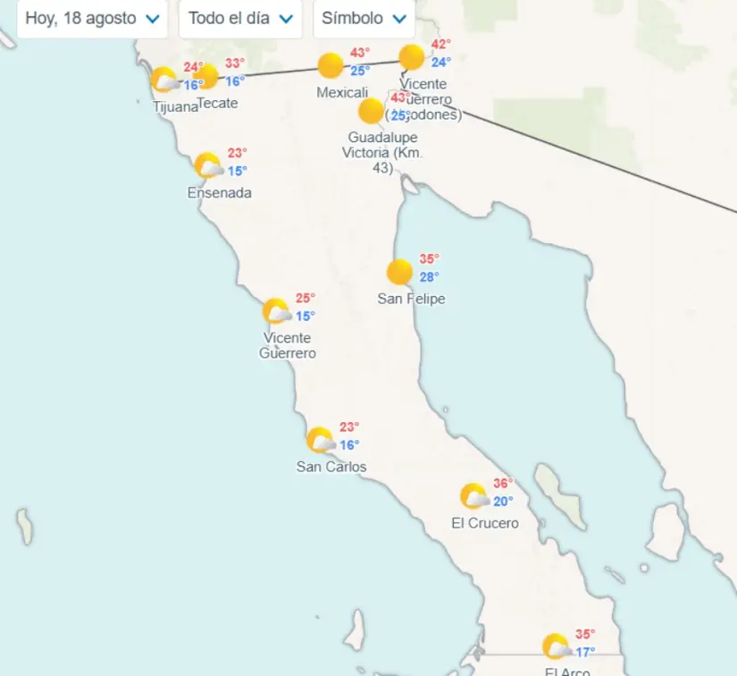 Clima en Baja California hoy lunes 18 de agosto Temperaturas por municipios en Baja California. Imagen: Meteored