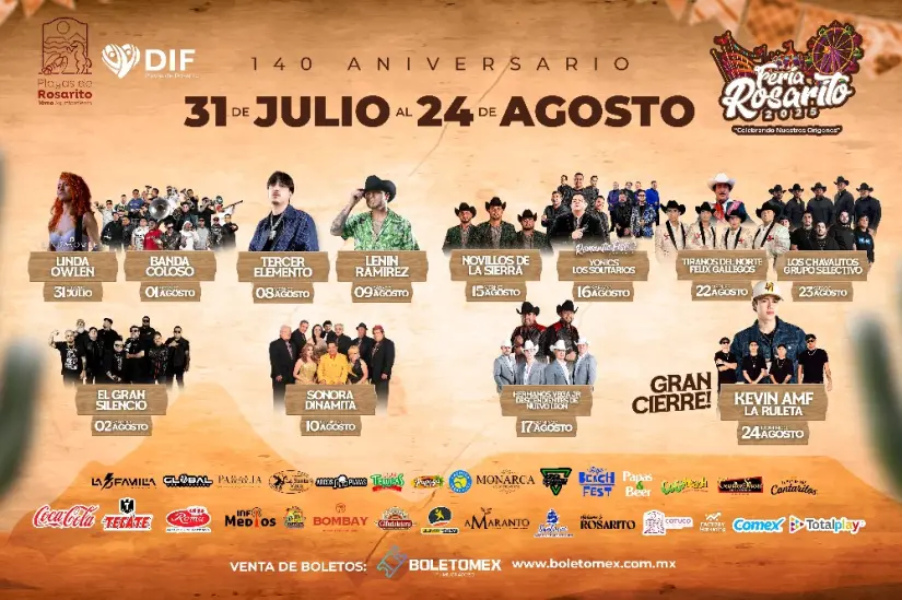 Conoce la cartelera de artistas que se presentarán en la Feria de Rosarito 2025. Foto: Cortesía.