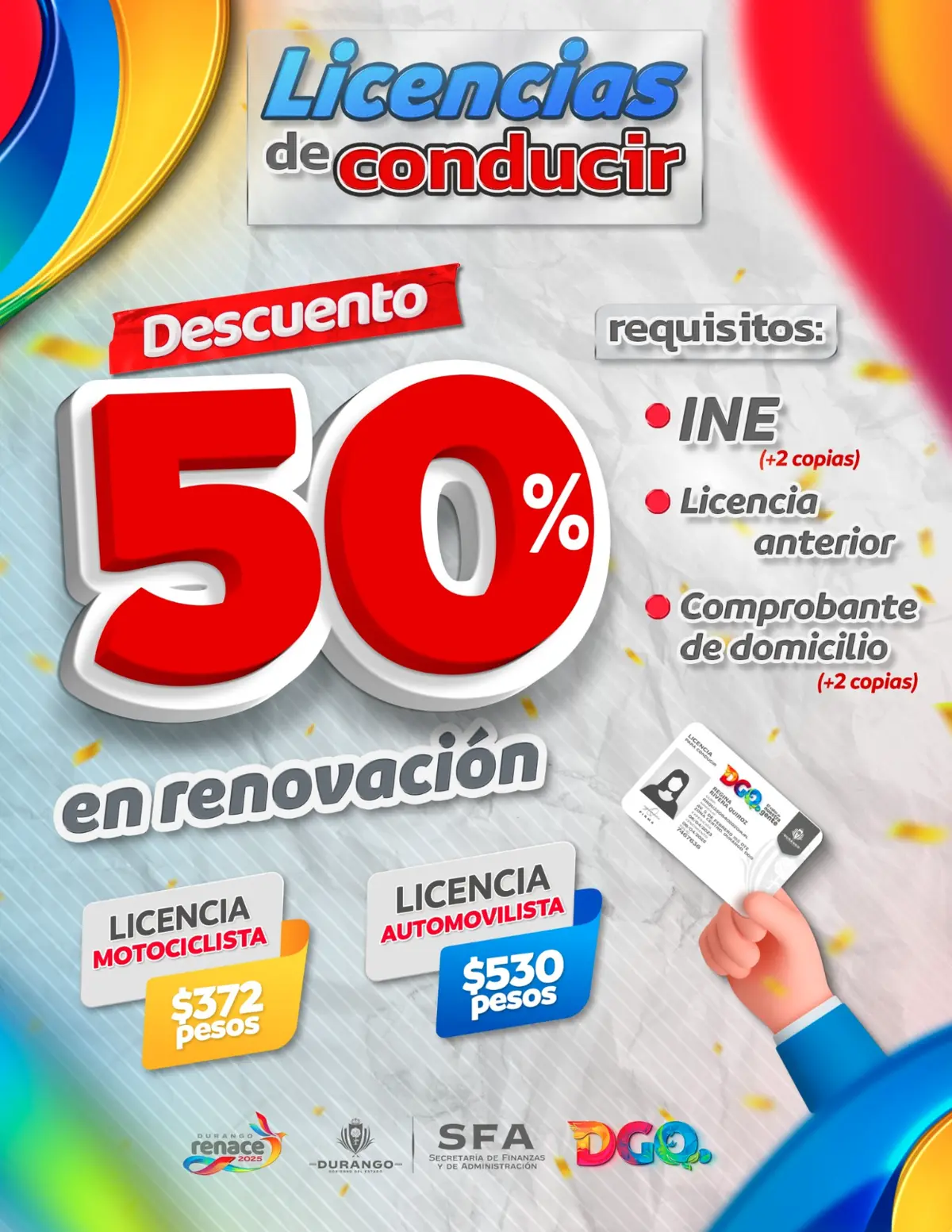 Licencias de conducir con el 50% en Durango. Foto: cortesía.