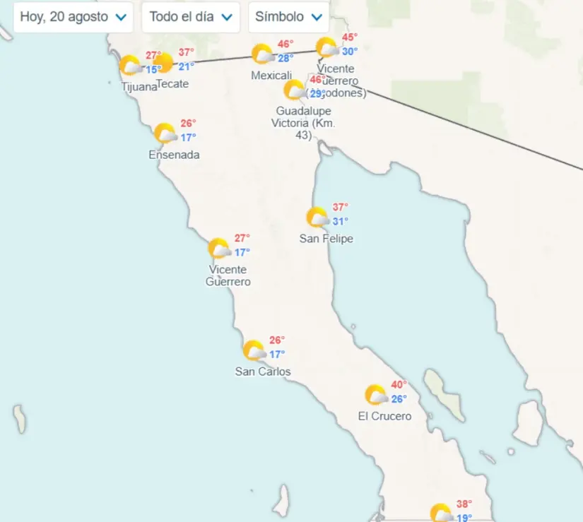 Clima en Baja California hoy miércoles 20 de agosto de 2025 Temperaturas por municipios en Baja California. Imagen: Meteored