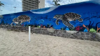 Tortugas y ballenas en el muro interno del malecón de Mazatlán
