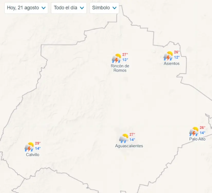 Temperaturas mínimas y máximas en Aguascalientes hoy. Imagen: Meteored