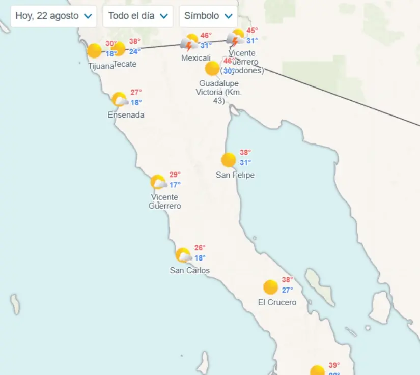 Clima en Baja California hoy viernes 22 de agosto Temperaturas por municipios en Baja California. Imagen: Meteored