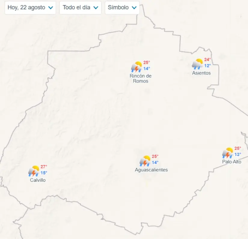 Clima en Aguascalientes hoy 22 de agosto de 2025 Temperaturas mínimas y máximas en Aguascalientes. Imagen: Meteored