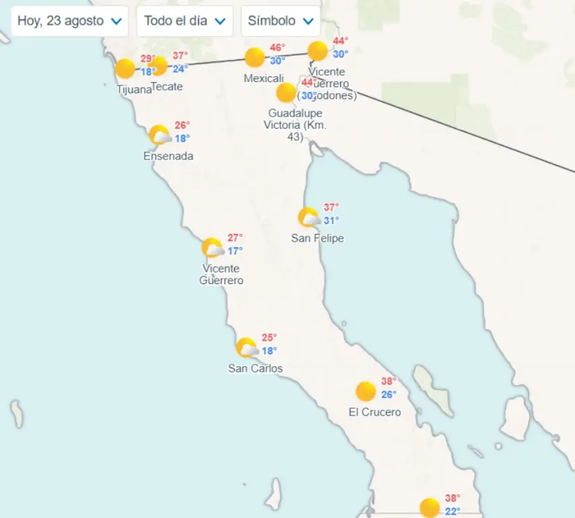 Clima en Baja California hoy sábado 23 de agosto Temperaturas por municipios en Baja California. Imagen: Meteored