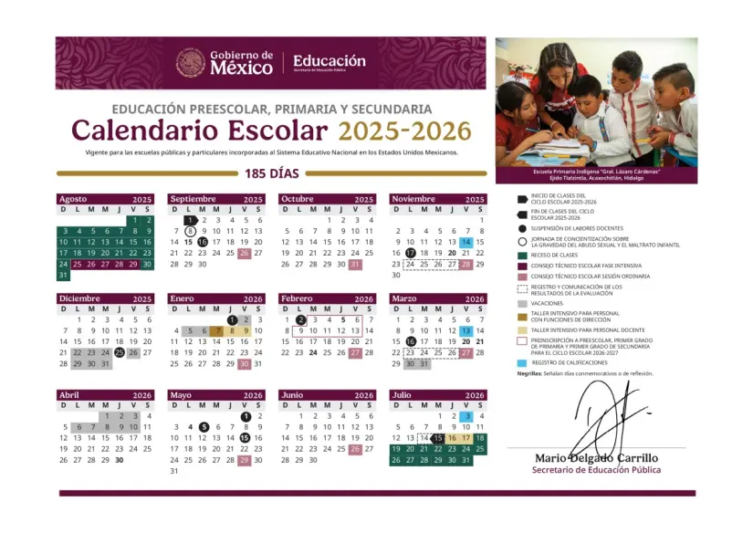 Calendario escolar 2025-2026 de la SEP. Imagen: SEP