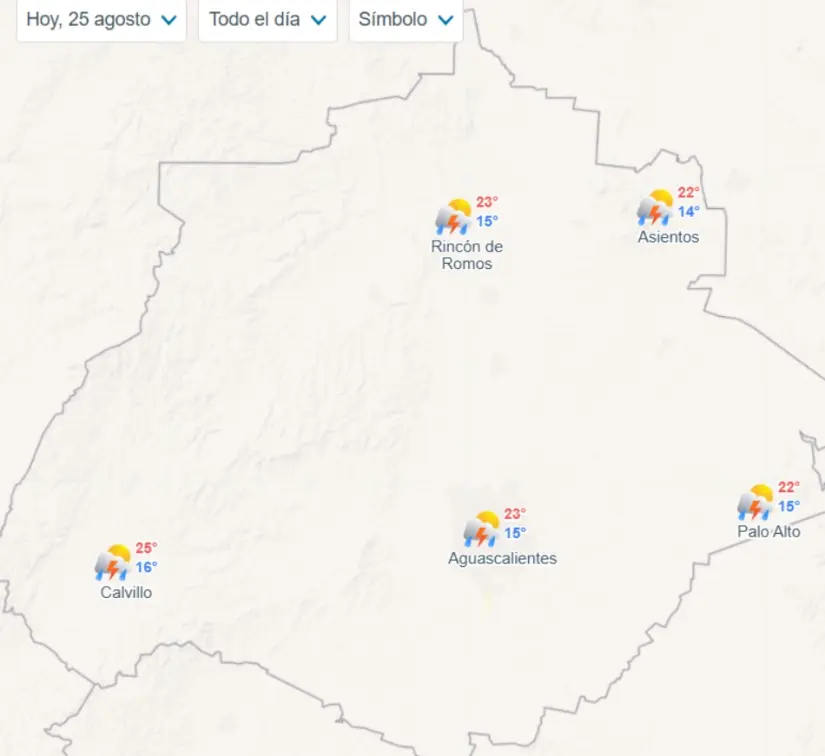 Clima en Aguascalientes hoy lunes 25 de agosto de 2025 Se esperan lluvias en gran parte de Aguascalientes este lunes. Imagen: Meteored
