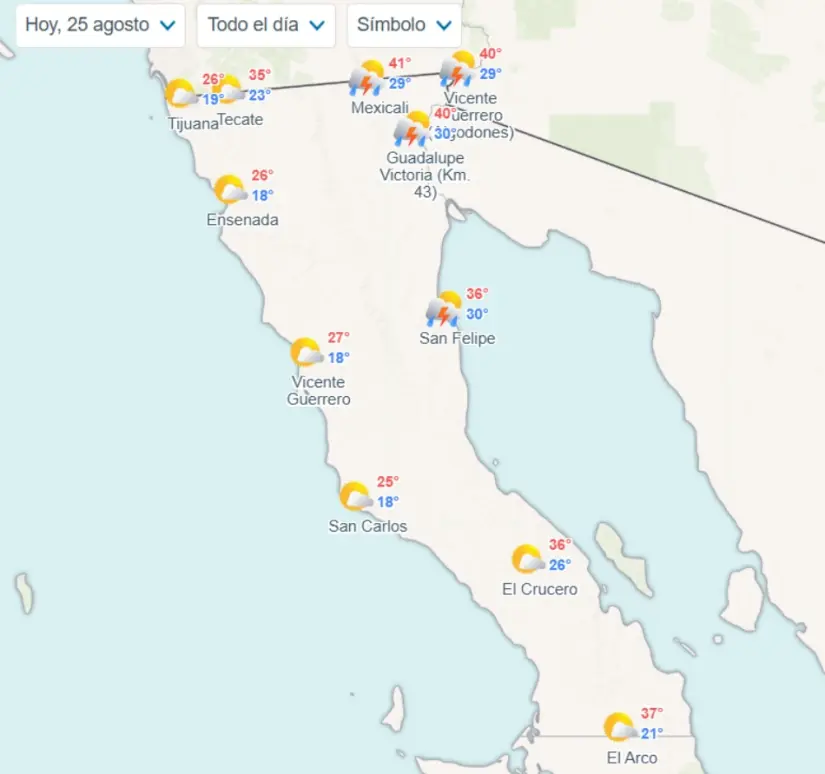 Clima en Baja California hoy lunes 25 de agosto de 2025 Temperaturas estimadas por municipios en Baja California. Imagen: Meteored