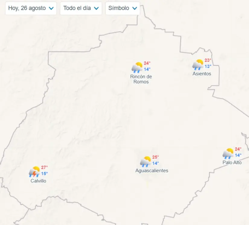 Clima en Aguascalientes hoy martes 26 de agosto de 2025 Temperaturas por municipios en Aguascalientes hoy. Imagen: Meteored