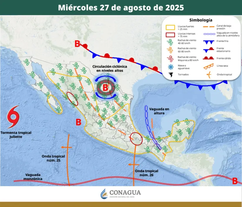 Pronóstico de lluvias y vientos fuertes el miércoles 27 de agosto. Imagen: Conagua