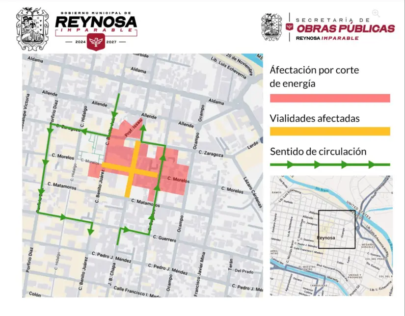 La Secretaría de Obras Públicas anuncia cierre de vialidad y cortes de luz en calles J.B. Chapa y Morelos. Foto: cortesía La Secretaría de Obras Públicas anuncia cierre de vialidad y cortes de luz en calles J.B. Chapa y Morelos. Foto: cortesía.