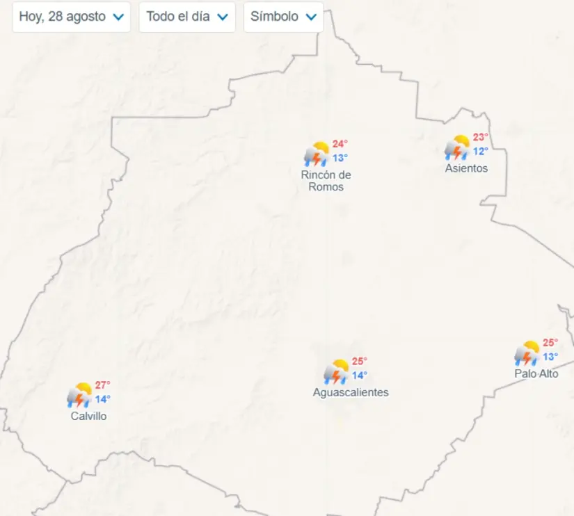 Clima en Aguascalientes hoy jueves 28 de agosto Temperaturas mínimas y máximas en Aguascalientes. Imagen: Meteored