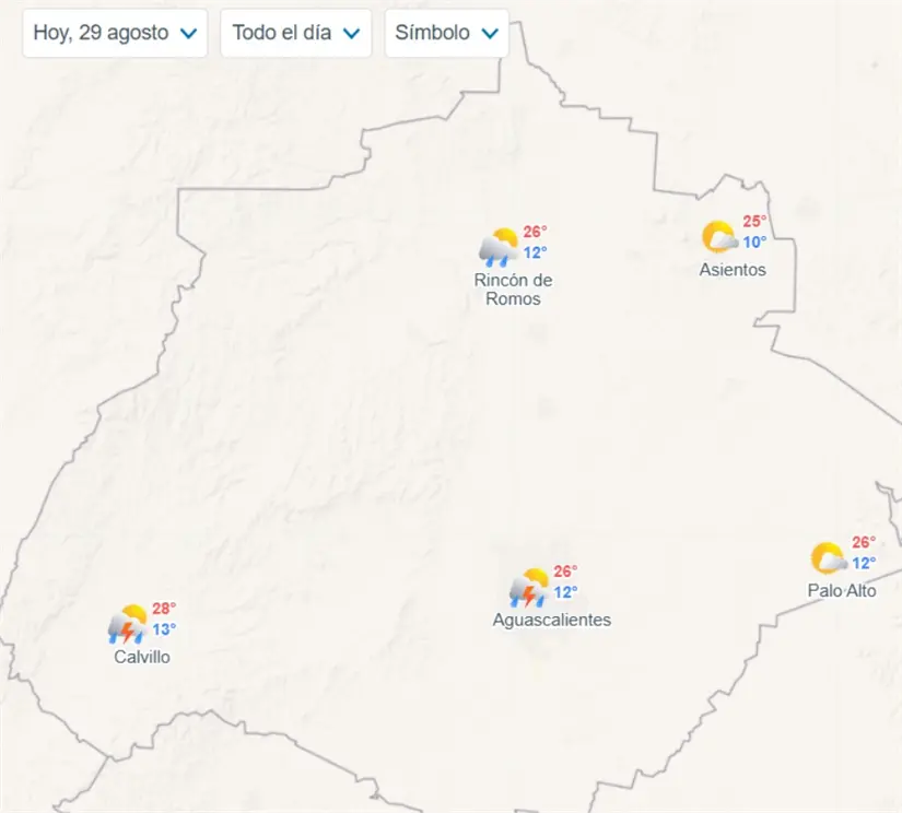 Clima en Aguascalientes hoy 29 de agosto Clima en Aguascalientes hoy viernes 29 de agosto. Imagen: Meteored